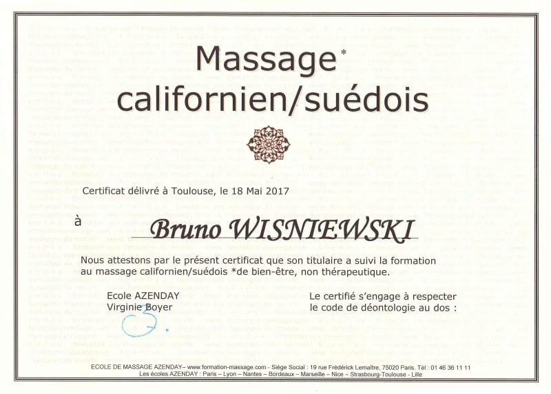 Certificat de formation au massage californien — BrunoZen Perpignan