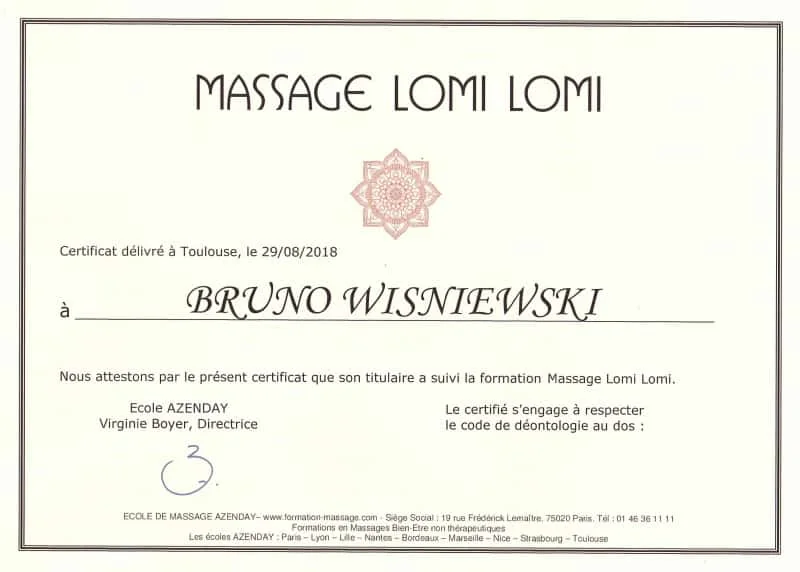 Certificat de formation au massage lomi-lomi — BrunoZen Perpignan